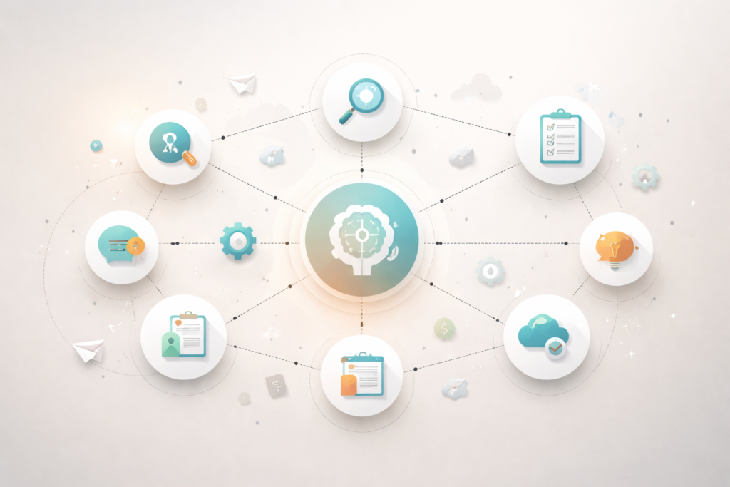 AI automation workflows for freelancers in 2026 showing structured systems for planning, content creation, client management, and productivity