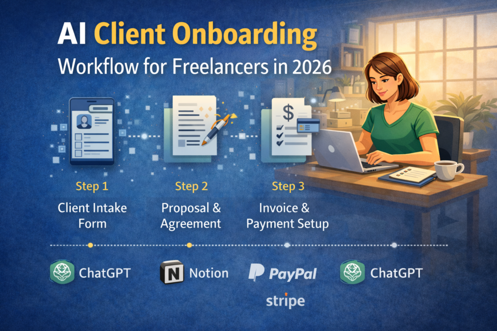AI client onboarding workflow for freelancers showing intake form, proposal agreement, and invoice setup process