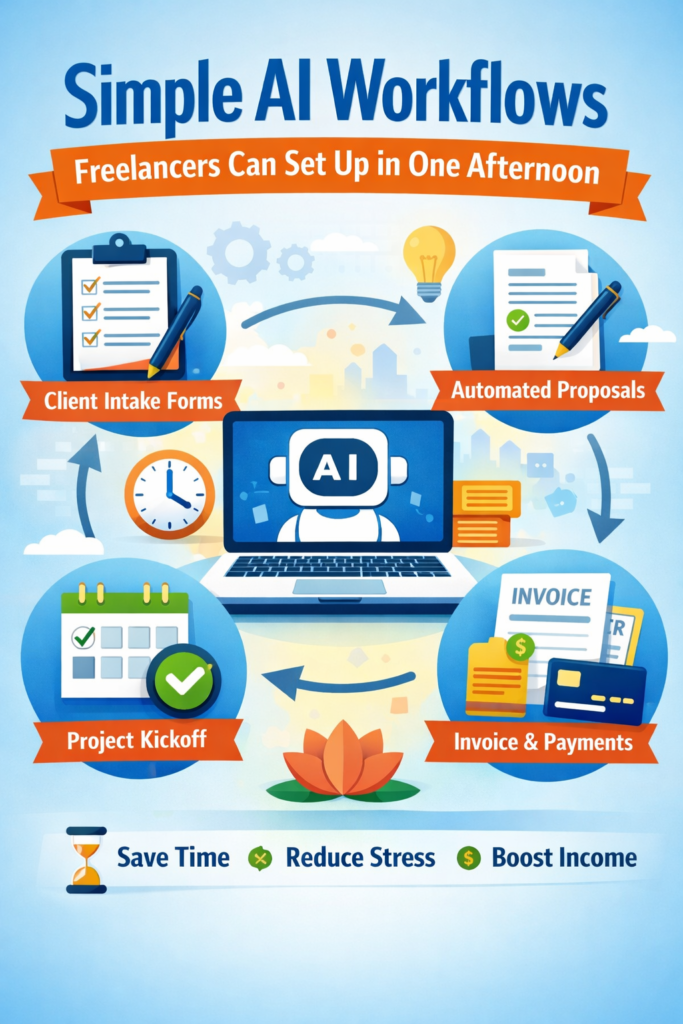 Simple AI workflows for freelancers showing writing, client communication, and weekly planning systems